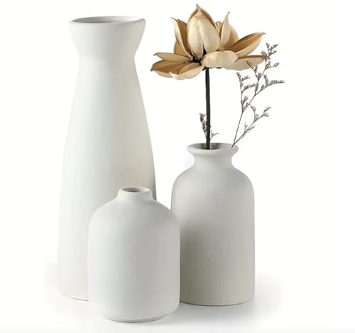 Juego de 3 jarrones de cerámica para decoración del hogar, resistente a las manchas, sala de estar, comedor, dormitorio, cocina, baño (blanco)