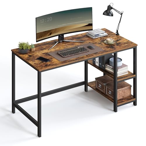 VASAGLE Escritorio, Mesa de Ordenador, con 2 Estante a la Izquierda o a la Derecha, para Oficina, Dormitorio, Estructura de Acero, Industrial, Marrón Rústico y Negro LWD47X