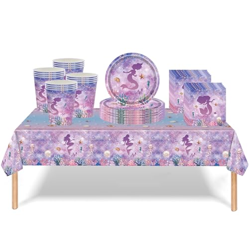 ATBEAMEN 53 piezas de vajilla de fiesta de sirena, decoraciones de cumpleaños de sirena morada, mantel, platos de 7 pulgadas, servilletas, vasos de papel para fiestas infantiles, baby shower