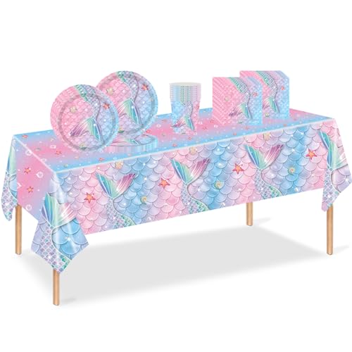 53 piezas de vajilla de fiesta de sirena para niñas, decoración de vajilla temática para mantel de fiesta, platos de 7 pulgadas, servilletas, vasos, vajilla de fiesta