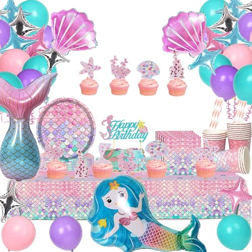 Aszaui 121 Piezas Decoracion Cumpleaños Sirena,Platos y Vasos para Sirena ,Juego de Vajilla de Fiesta de Cumpleaños de Sirenita Suministros de Fiesta de Sirena 20 Invitados