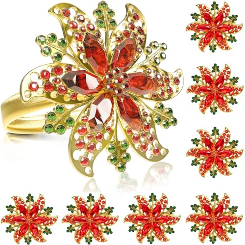 LATERN 8 Piezas Servilleteros Navideños, Oro Servilleteros de Flores Hebilla de Servilleta Navideña con Diamantes de Imitación para Navidad Almuerzo Acción de Gracias Fiesta Mesa Decoración (4 x 4cm)