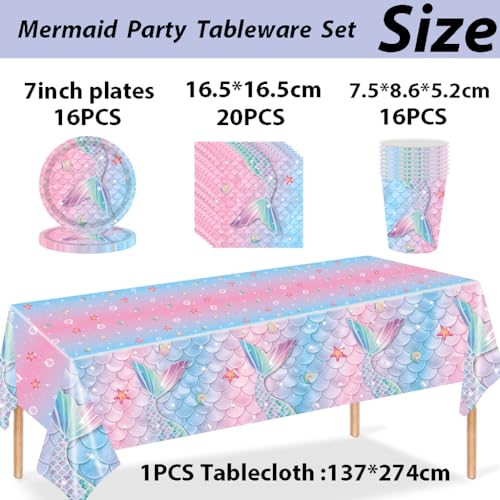53 piezas de vajilla de fiesta de sirena para niñas, decoración de vajilla temática para mantel de fiesta, platos de 7 pulgadas, servilletas, vasos, vajilla de fiesta