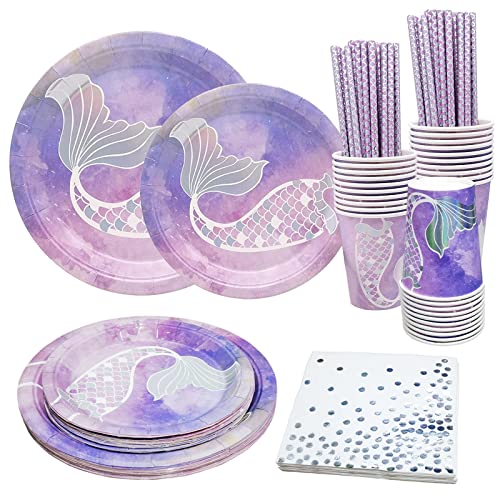 Bymivofun 100 piezas Vajilla de Sirena, para 20 Invitados, Juego de Suministros de Fiesta para Niños de Sirena, para Niños, Cumpleaños, Fiesta Temática, Decoración de Baby Shower