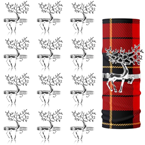 12 Piezas Servilleteros de Reno de Navidad, Anillos Servilletas, Servilleteros Navidad Plata, Decoracion Mesa, para Boda, Navidad, Cena de Fiesta, Acción de Gracias