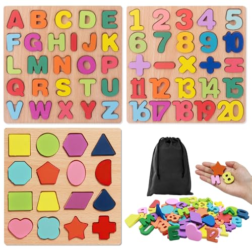 ZOCONE 3 Piezas Puzzle Madera Letras y Numeros Rompecabezas Alfabeto Juguetes Niños Abecedario Montessori Juegos Educativos para Niños Bebe Infantiles 1 2 3 4 Años Regalo