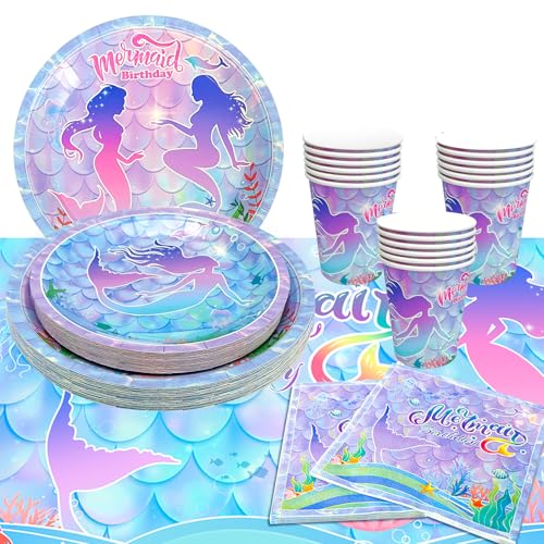 Suministros para Fiesta de Sirena-113pcs Juego Vajilla Cumpleaños Sirena, Platos Fiesta Sirena Servilletas Vaso Mantel etc Decoración Sirena Fiesta de Cumpleaños, para Niños Fiesta Temática de Sirena