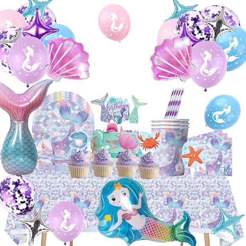 Aszaui 120 Piezas Decoracion Cumpleaños Sirena, Juego de Vajilla de Fiesta de Cumpleaños de Sirena,Platos y Vasos para Sirena Suministros para la Fiesta Chica,para 20 Invitados
