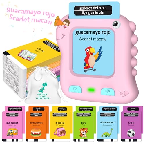 Richgv 280 Bilingüe Palabras Educativos Talking Flashcards, Juguetes Niñas de 2 3 4 5 Años,Dinosaurio Español Inglés Tarjetas Flash Parlantes,Interactivo Electrónico Regalos para Niños(Rosa)