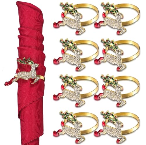 LATERN 8 Piezas Servilleteros Navideños, Oro Servilleteros de Ciervos Hebilla de Servilleta Navideña con Diamantes de Imitación para Navidad Almuerzo Acción de Gracias Fiesta Mesa Decoración (5 x 4cm)