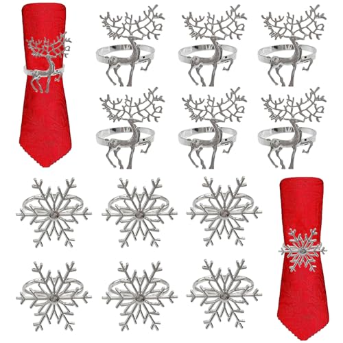 12 Piezas Servilletero de Navidad, 6 Piezas Servilleteros Navidad de Reno, 6 Piezas Snowflake Servilleteros Navideños, para Table Decoration Christmas, Party, Wedding, Thanksgiving (Plateados)