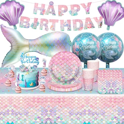 Juego de Vajilla de Sirena, 80 Pcs Suministros de Fiesta de cumpleaños para 20 Personas Vajilla de Océano para Tarta Bandera Globos Platos de Papel Vasos Servilletas y Mantel