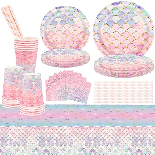 Decoración de cumpleaños de sirena, 81 piezas de vajilla de fiesta de sirena, juego de decoración de cumpleaños infantil, plato de fiesta de sirena con manteles, tazas, pajitas, servilletas para baby