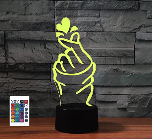 3D mano corazón gesto control remoto 16 colores luces de noche ilusión acrílico LED mesa mesita de noche lámpara niños dormitorio escritorio decoración regalos de cumpleaños juguete para niños
