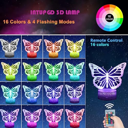 INTUPGD Lámpara de ilusión 3D, Mariposa lámpara de noche con ilusión óptica de 16 colores que cambia con control remoto para niños niñas niños